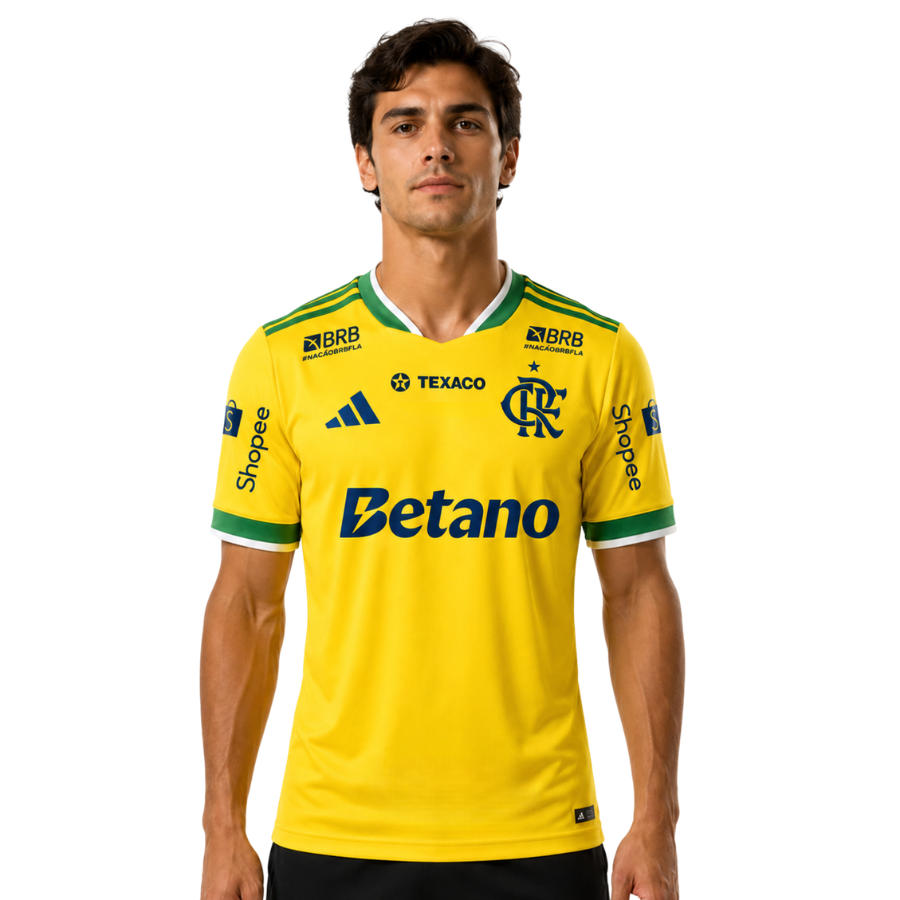 Camisa Masculina Flamengo Brasil 2026 - Amarelo+Verde sponsor Pulses Football