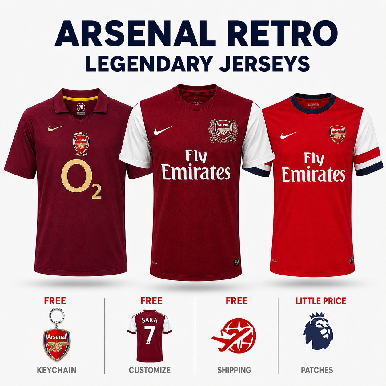 COMBO Arsenal Retro - Home 05/06, Home 11/12, Home 12/13 Pulses Football