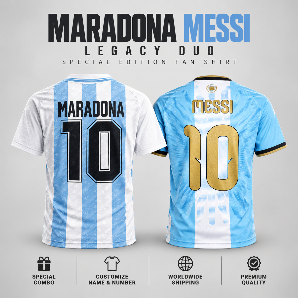 Argentina Legends Duo – Maradona & Messi Special Edition Fan Shirt Pulses Football