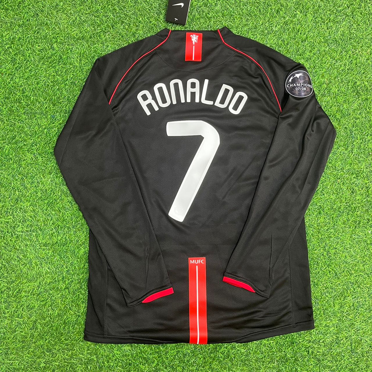 Cristiano Ronaldo Manchester United 2007/2008 CL Patch Black KIDS Retro Football Jersey Kit Pulses Football
