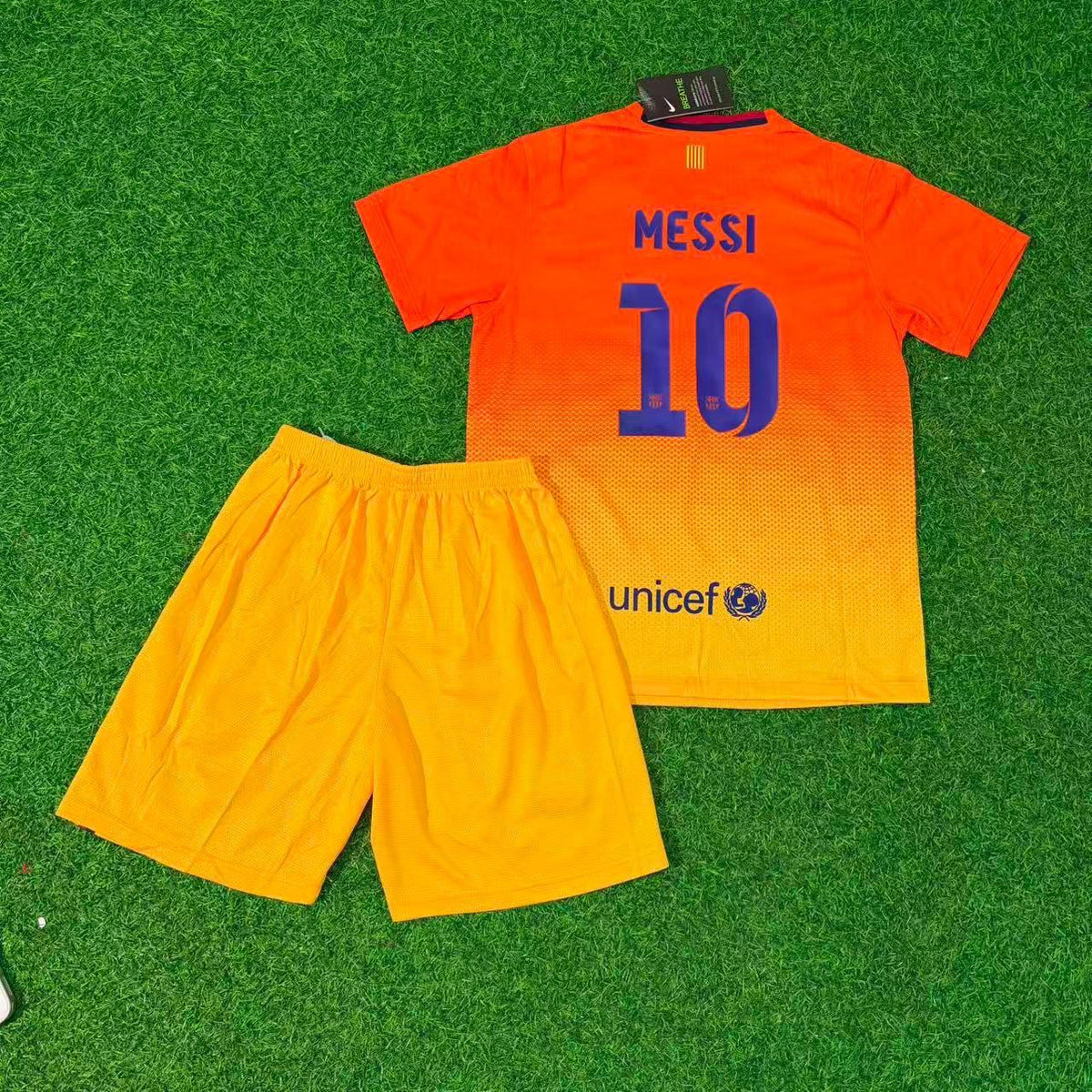 Lionel Messi 10 Barcelona 2012/2013 Orange Retro Kids Football Jersey Kit Pulses Football