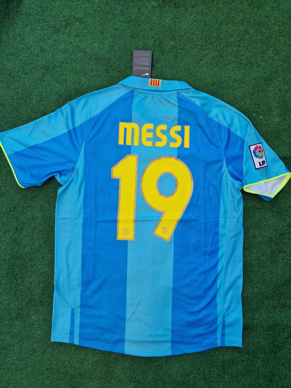 Lionel Messi Barcelona 2007 2008 Light Blue Yellow Number 19 Retro Jersey Maillot Trikot Maglia Pulses Football