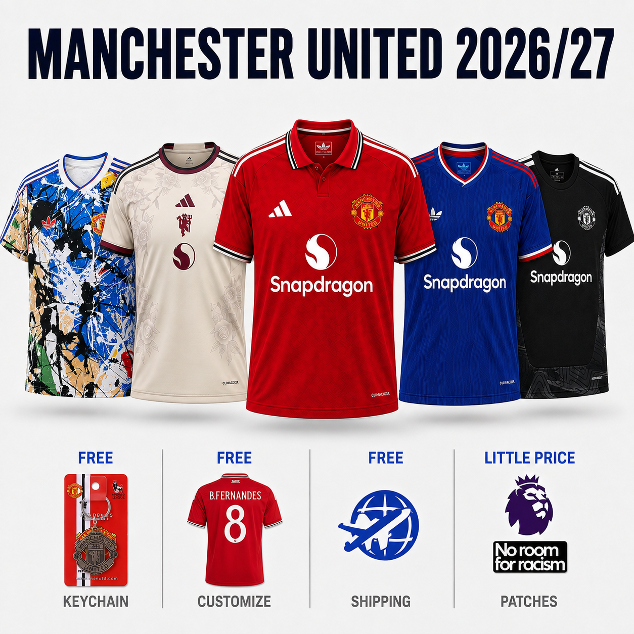 COMBO Manchester United - Home, Away,Third, Goalkeeper and Special Roses 2026/27 - Fan Version Pulses Football