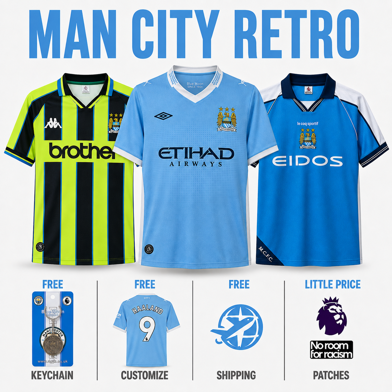 COMBO Manchester City Retro - Home 11/12, Home 99/01 and Away 98/99 Pulses Football