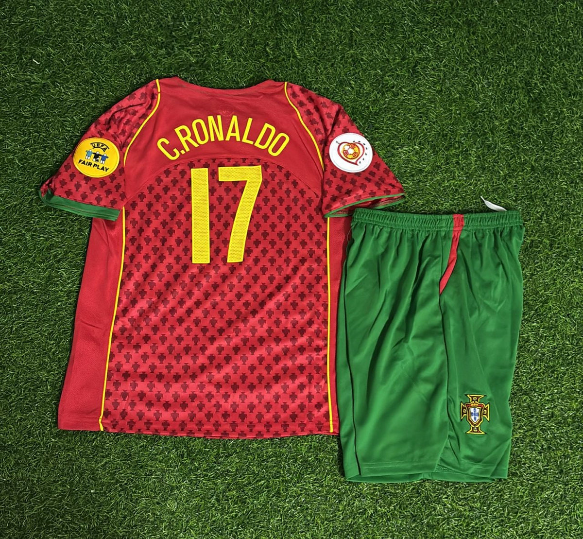 Cristiano Ronaldo Portugal 2004 Final Home Kids Football Jersey Kit Pulses Football
