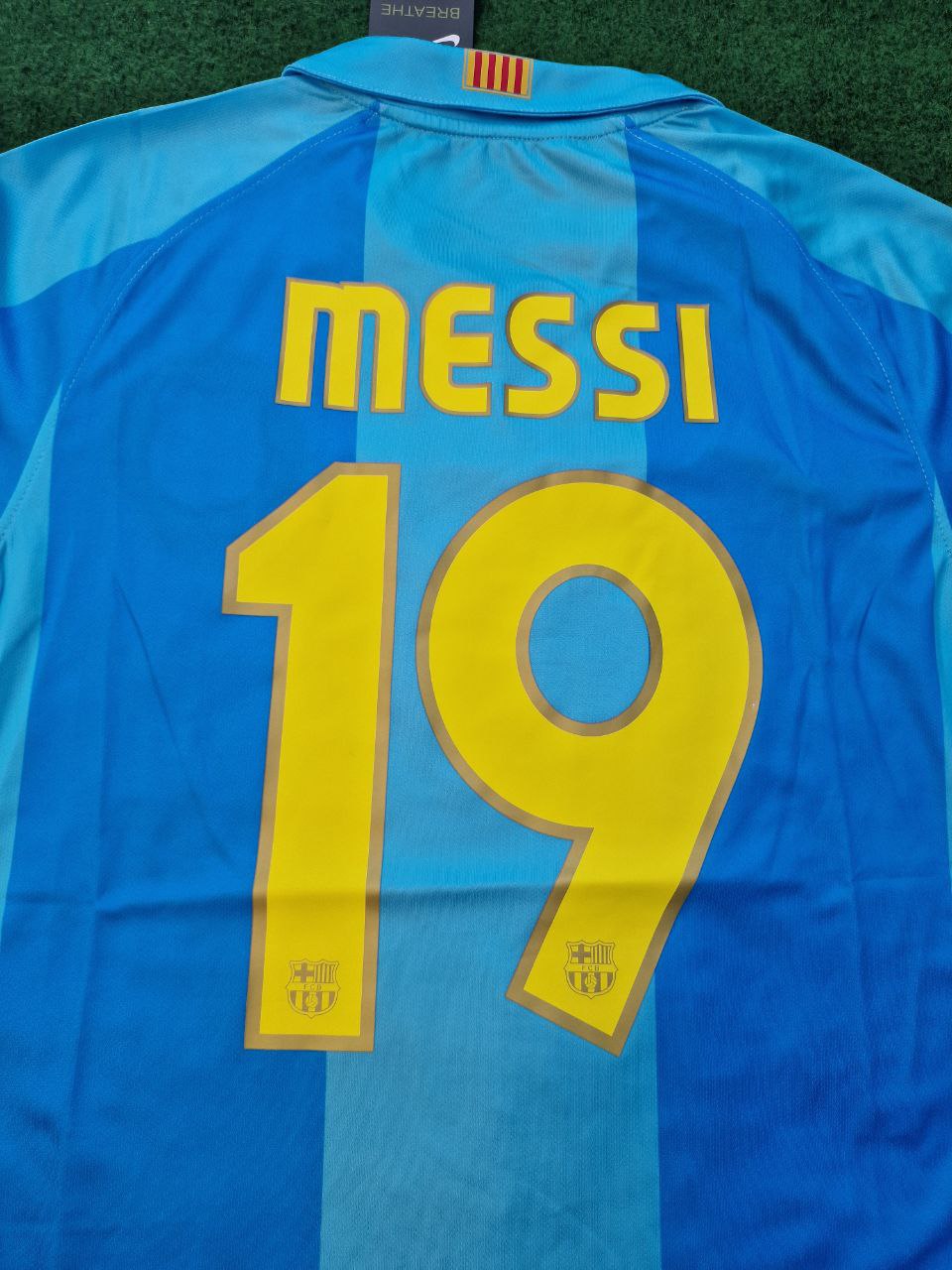Lionel Messi Barcelona 2007 2008 Light Blue Yellow Number 19 Retro Jersey Maillot Trikot Maglia Pulses Football