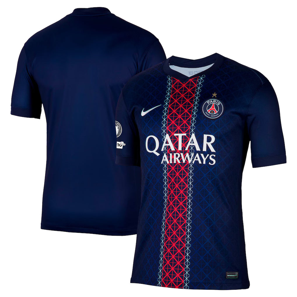 Official PSG home shirt, 2025-26 season, by Nike, featuring the European Champion emblem and the 10th anniversary of the UEFA Foundation.